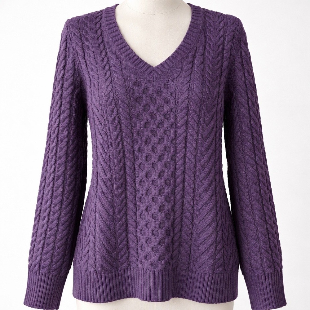Lands End Womens Cable Knit 100% Cotton Sweater Size‎ XS Purple Preppy Fisherman